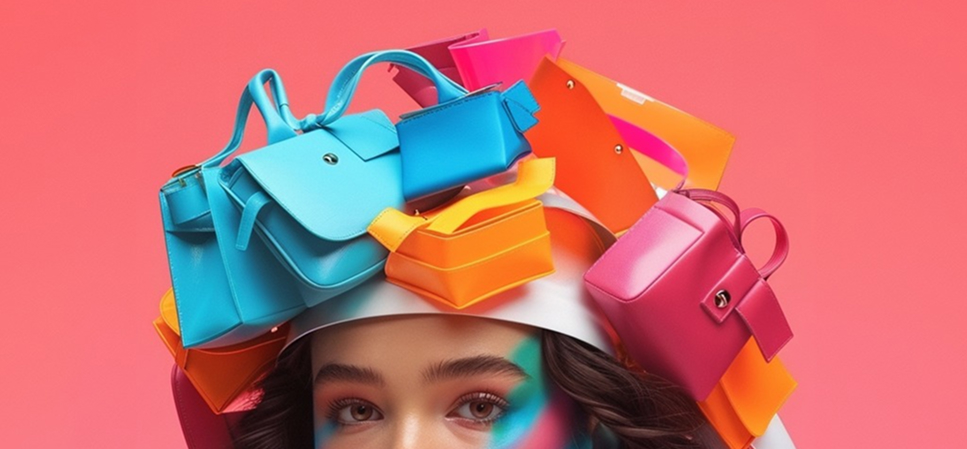 אישה יפה עם כובע דקורטיבי שמורכב מתיקים צבעוניים