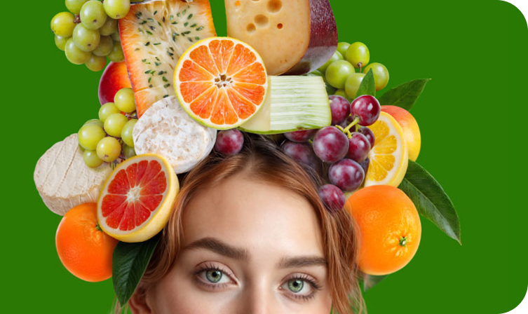 אישה יפה עם פירות סביב הראש - תמונה